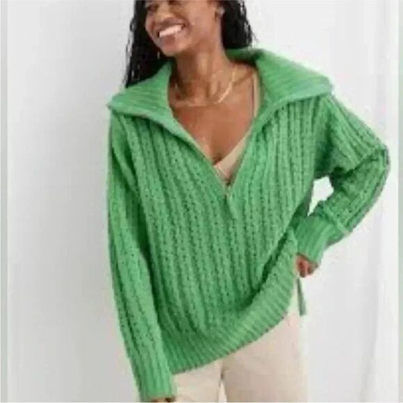 Aerie Green Quarter Zip Pullover Knit Sweater women’s Size Large - Picture 1 of 8